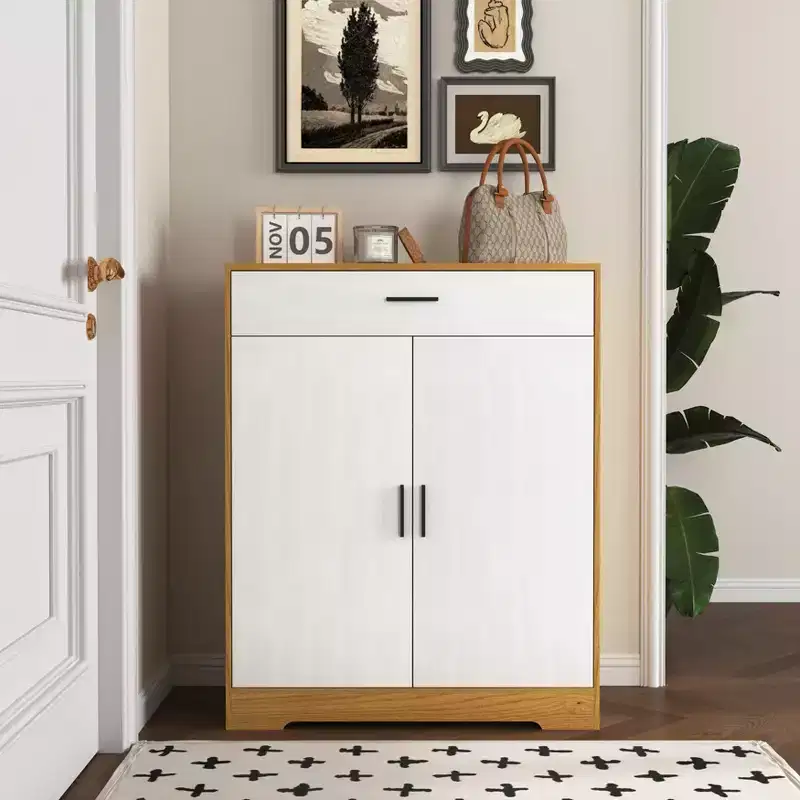 Shoe Cabinet, 4-Tier Rack with 1 Drawer, Freestanding Wooden Storage with 2 White Doors & Adjustable Shelves for Entryway/Hallway