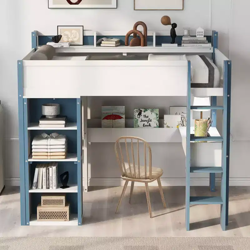 Full Size Wood Loft Bed with Built-in Storage Shelves, Clothes Rails and Desk, Wood Loft Bed Frame with Guardrail and Top Shelves