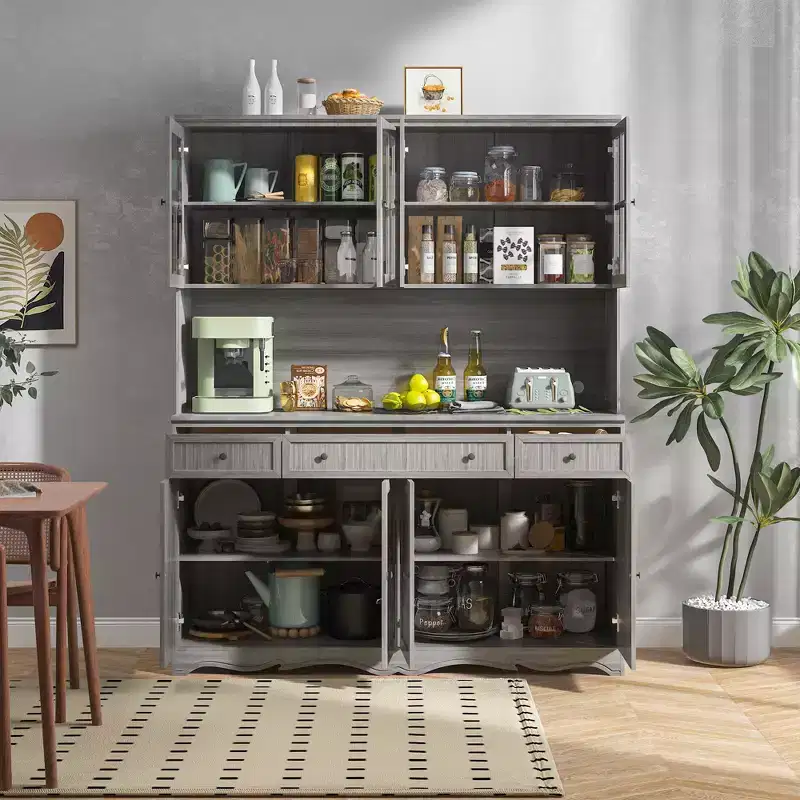 61.2W Gray Storage Cabinet Buffet Hutch Kitchen Pantry with Ornate Base Trim