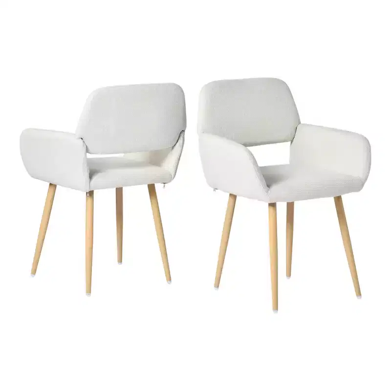 HomeRoots Set of Two Beige and Oak Fabric and Steel Dining Arm Chairs