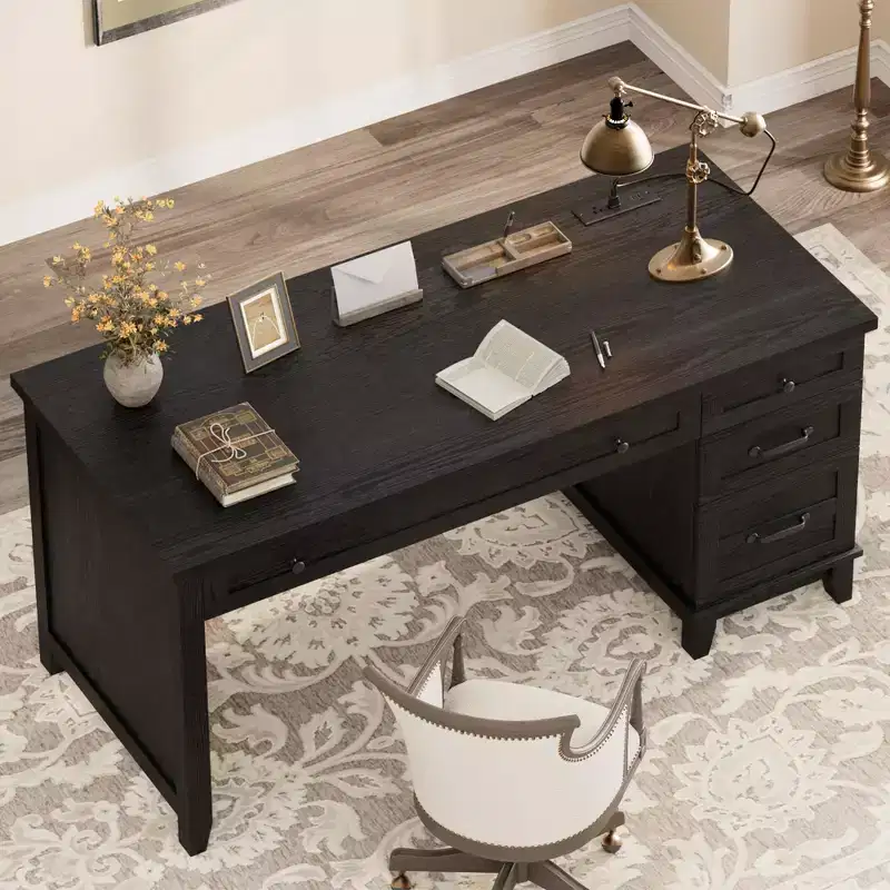 Rustic Wood Double Desk with 4 File Drawers, 2-Person Home Office Workstation