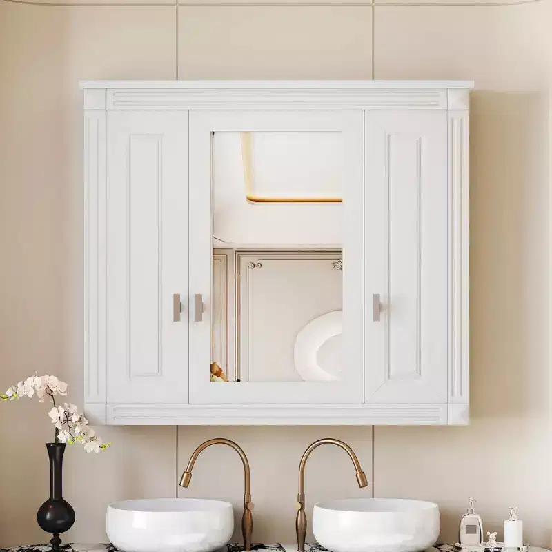 Bathroom Medicine Cabinet with 5 Adjustable Shelves, Wall Mounted Storage Cabinet with Glass Doors — White