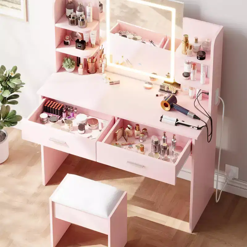 Makeup Vanity Desk with Lights - Dressing Table with LED Mirror, 3 Light Colors, 2 Drawers & 6 Shelves, Built-in Power Outlet & USB Ports for Bedroom