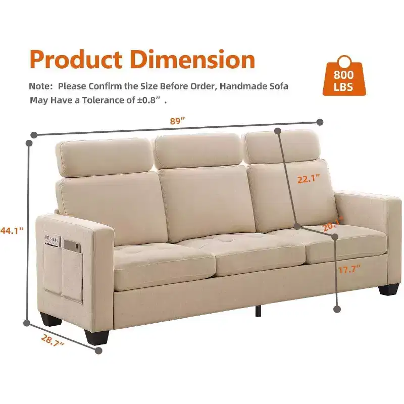 Beige/Blue Chenille 3-Seater Sofa with Side Storage Pockets, 89