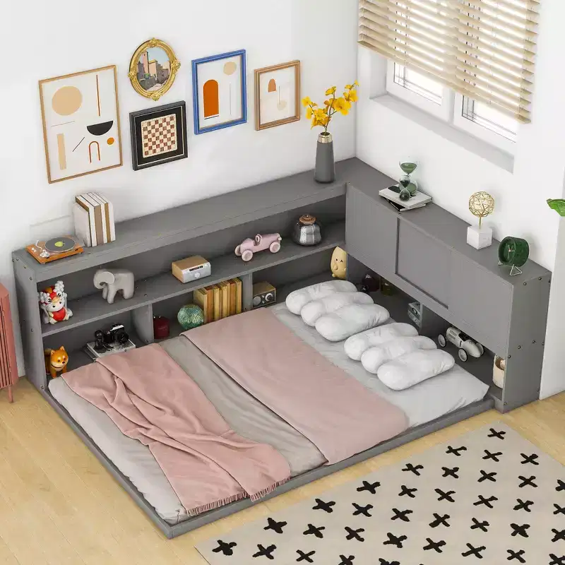 Full Size L Shaped Bed with Bookcase, Wood Daybed with Storage Bookcase Headboard, Full Size daybed Frame for Adults, Kids, Teens, Grey