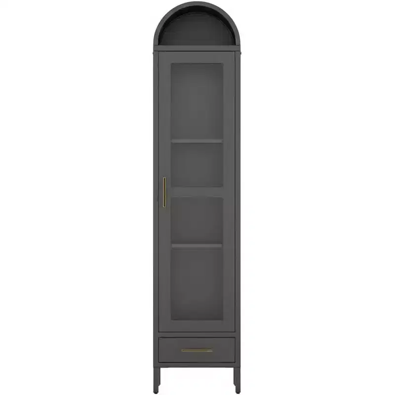 63 in Tall Narrow Arched Bookcase, Metal Arched Storage Cabinet with Glass Door & Drawer, Modern Black Pantry Cabinet for Living Room, Kitchen, Office