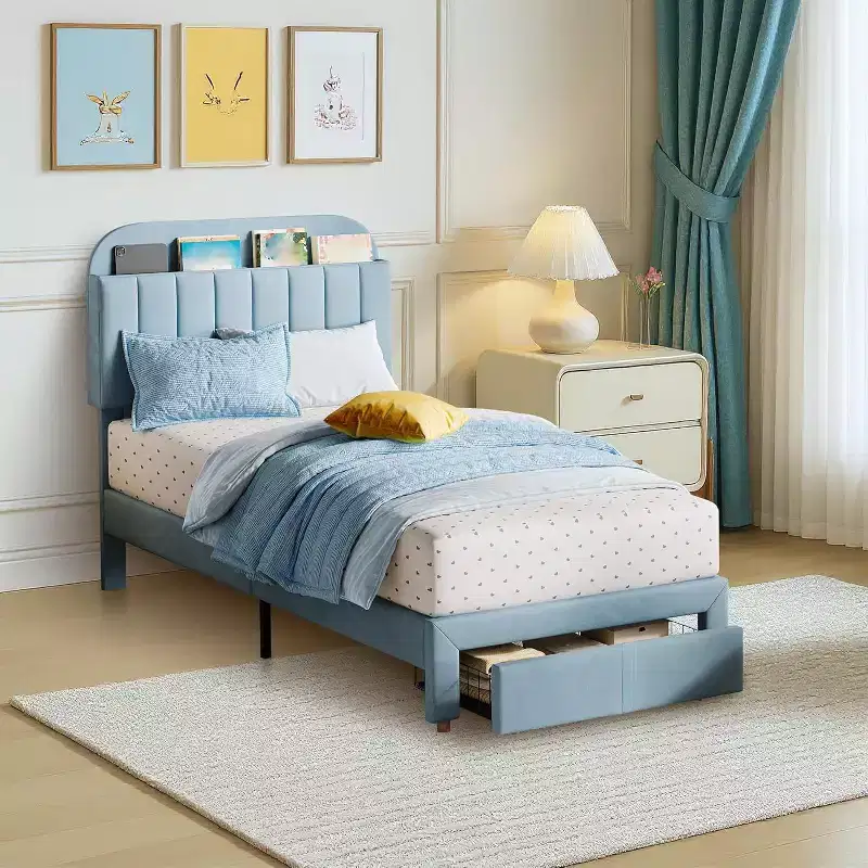 Acekool Twin Bed Frame for Kids with Upholstered Platform, Large Storage Drawer and Bookcase Headboard, Noise-Free and Easy Assembly,Beige