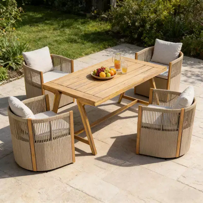 Christopher Knight Home Carter Patio Modern Acacia Wood 5-Piece Outdoor Dining Set with Rectangular Table and 4 Rope Swivel Chairs