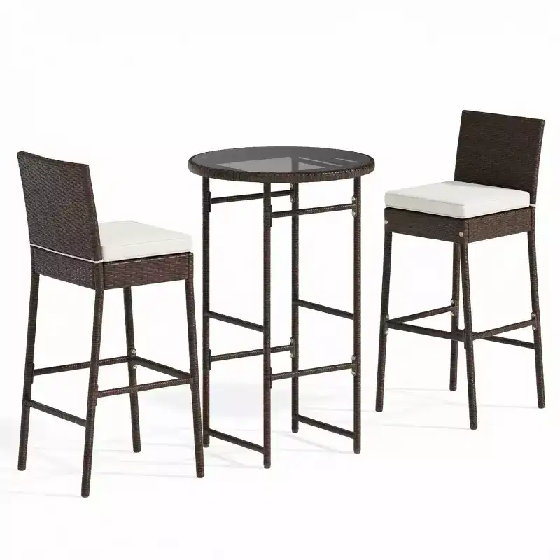 Gymax Bar Stools and Ensemble 3-Piece Outdoor Bar Set w/ 2 Cushioned Seats Patio Metal Chairs Bar Height Table with Glass Tabletop