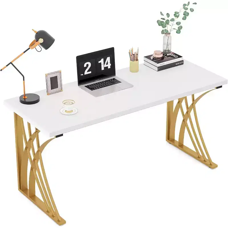 55-Inch Large Modern Computer Desk, White & Gold Luxury Laptop PC and Makeup Vanity Table with Thick Frame for Home and Office