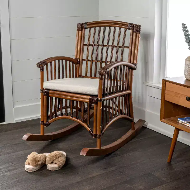 Bohemian Farmhouse Woven Rattan/Wood Rocking Chair, Cushion with Frame