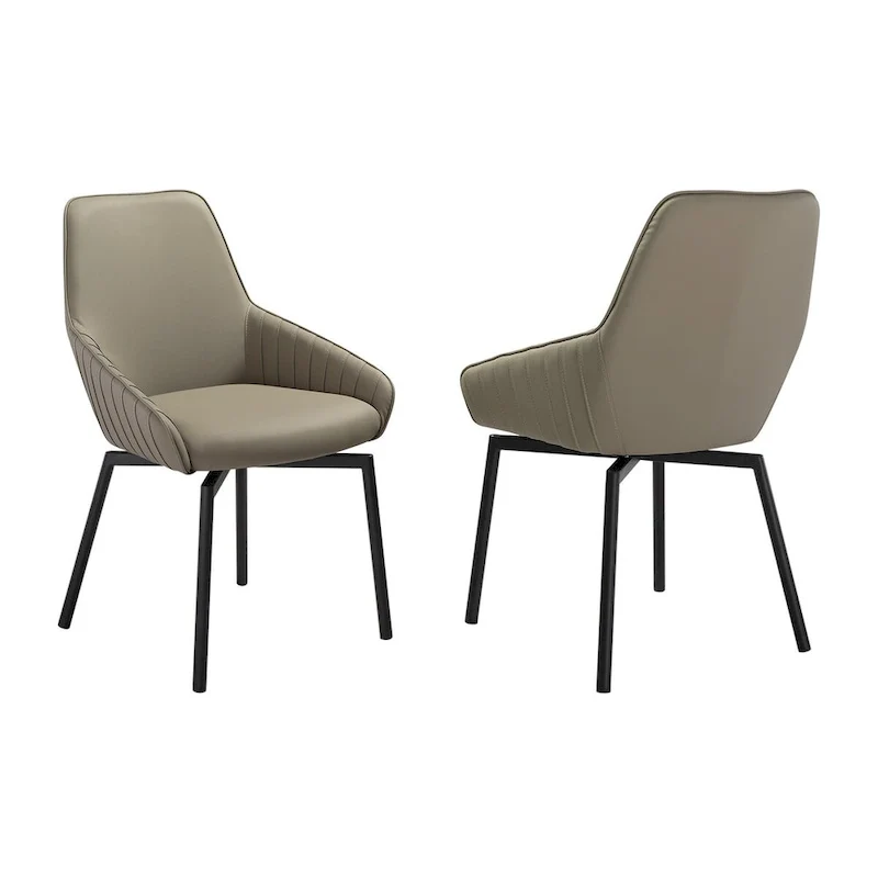Shin 23 Inch Swivel Dining Chair Set of 2, Curved, Gray Faux Leather, Black