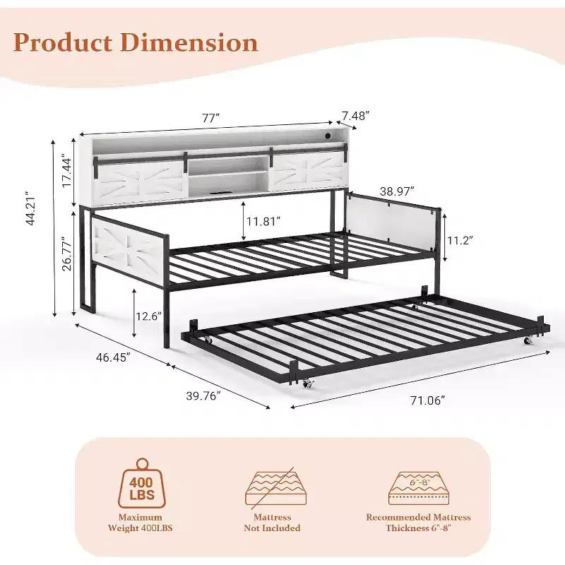 Zevemomo Farmhouse Twin Daybed Frame with Trundle, Sliding Barn Door Headboard, Charging Station & LED Light For Bedroom, White