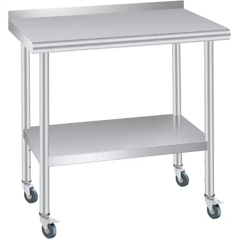 Stainless Steel Table with Wheels, 60x24in Heavy Duty Prep Workstation, Backsplash & Adjustable Shelf for Kitchen, Restaurant, Office