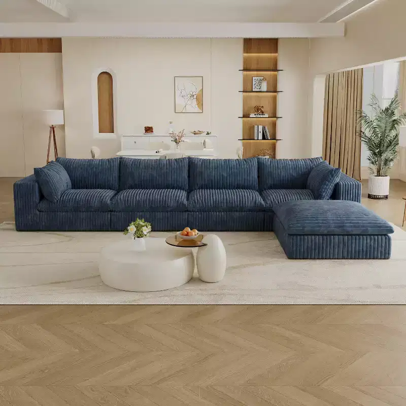 GDFStudio Jocelyn Modern 4-Seater Corduroy Fabric and Feather-filled Upholstered L-Shaped Sectional Sofas with Ottoman