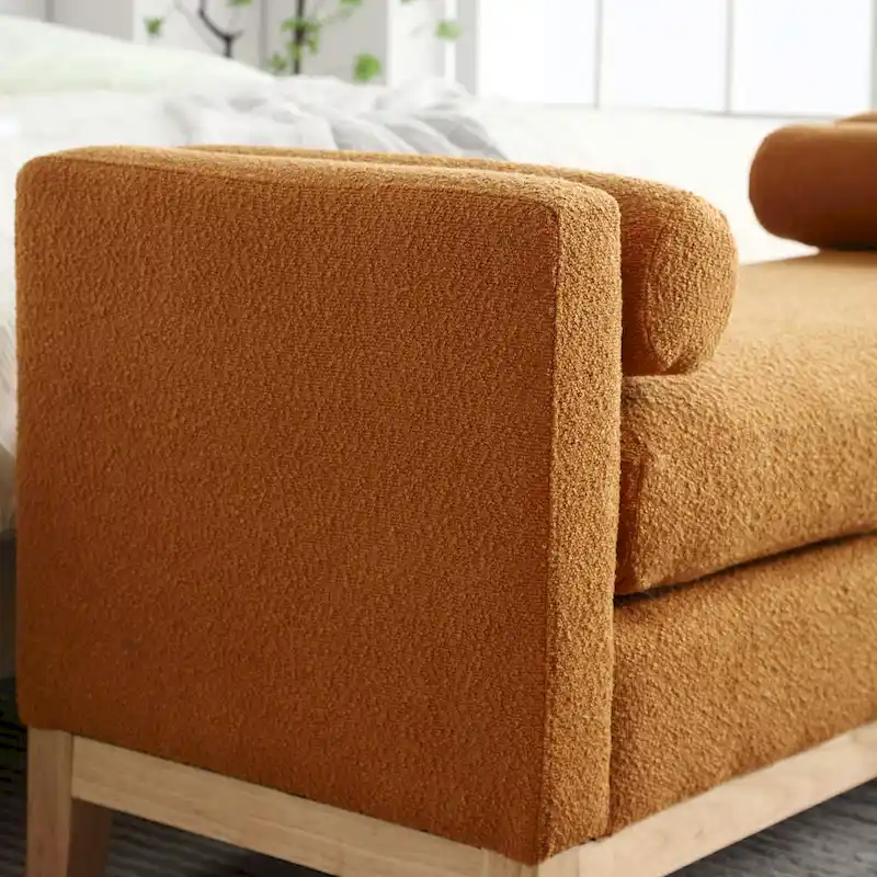 Modern Boucle Upholstered Bedroom Bench With Wood Legs,Entryway Bench