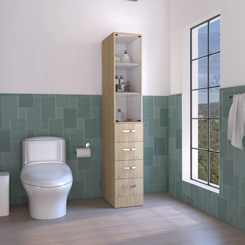 Modern Linen Cabinet for Bathroom, Three Shelves,Four Drawers -Light Pine/White