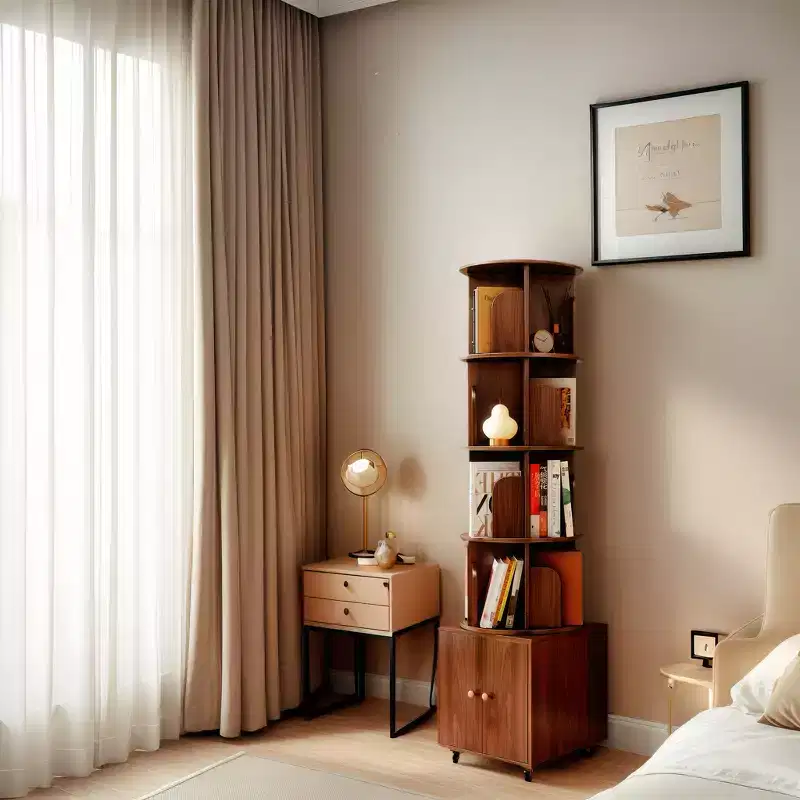 MAYEERTY 360 Degree Display 5Tier Corner Bookshelf with Drawer for Small Space Floor Standing Bookcase Storage Rack for Bedroom Living Room Walnut