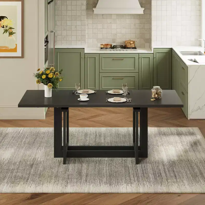 GDFStudio Ebony 82 Extendable Rubberwood Dining Table with Two 12'' Removable Leaves and Trestle Legs