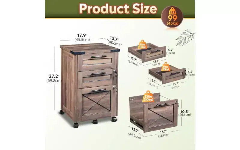 3-Drawer Rolling File Cabinet – Hanging Files, Farmhouse Style, Home Office