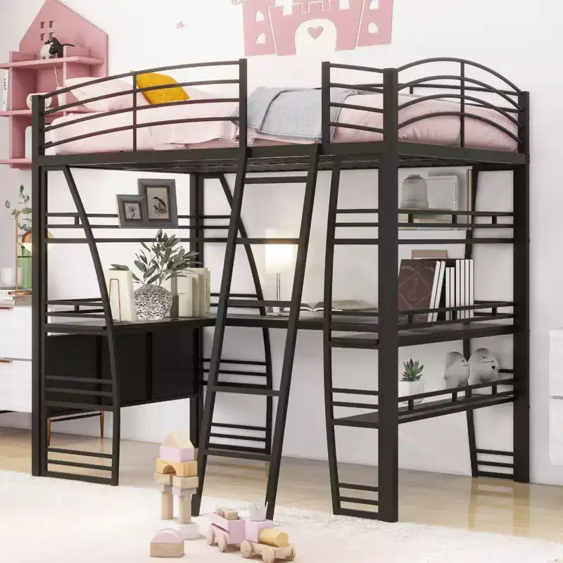 Whisen 77.1L x 56.7W Stylish Design Full Size Metal Frame Loft Bed with Shelves and L-shaped Desk