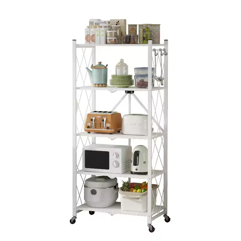 Foldable Storage Shelf 5-Tier with Lockable Wheels 600 lbs Capacity Metal Shelving Unit, White