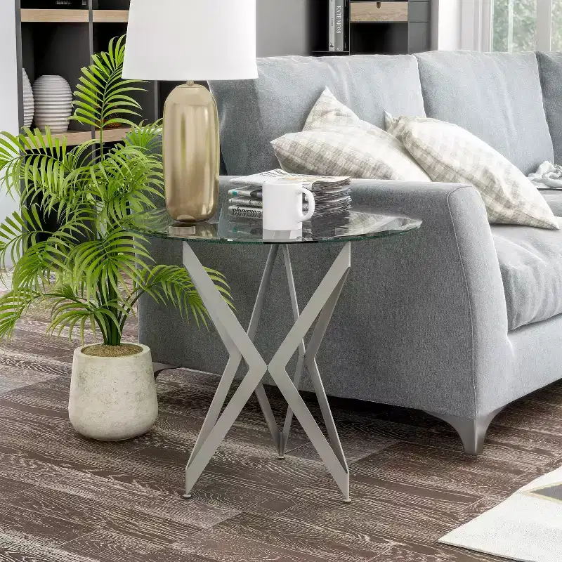 Round Tempered Glass Top End Table, Champagne Steel Frame, 22