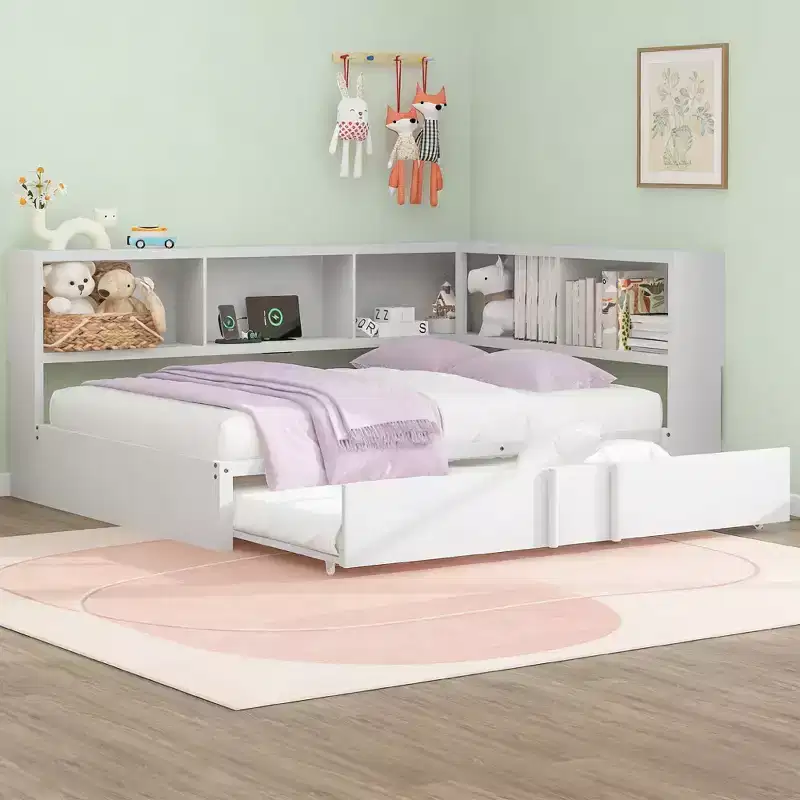 Full Size Metal Daybed with Trundle, 5 Storage Cabinets, White