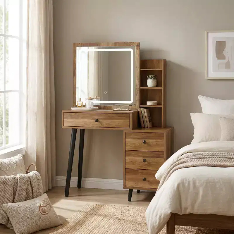 Makeup Vanity Desk with Sliding Mirror and Storage Shelves, Modern Dressing Table with Drawers for Bedroom Makeup Table with Storage