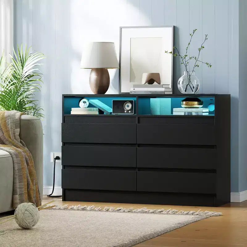 MDF 6-Drawer Dresser with LED Strip & Power Outlets 23.62''W x 38.58''H
