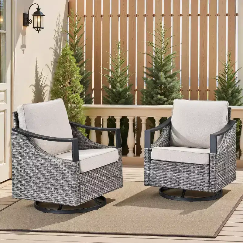 Set of 2 Outdoor Swivel Chairs, All-Weather Gray Wicker Patio Glider Chairs with Cushions for Porch, Backyard, Garden, or Deck-Panipeachy