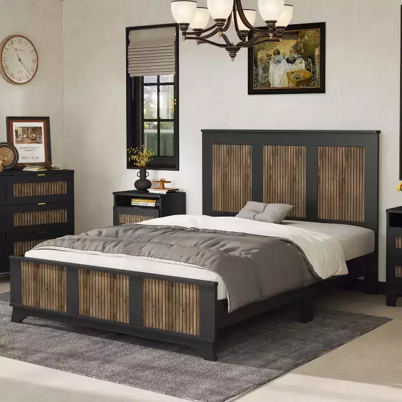 Farmhouse Queen Size Wooden Slatted Platform Bed