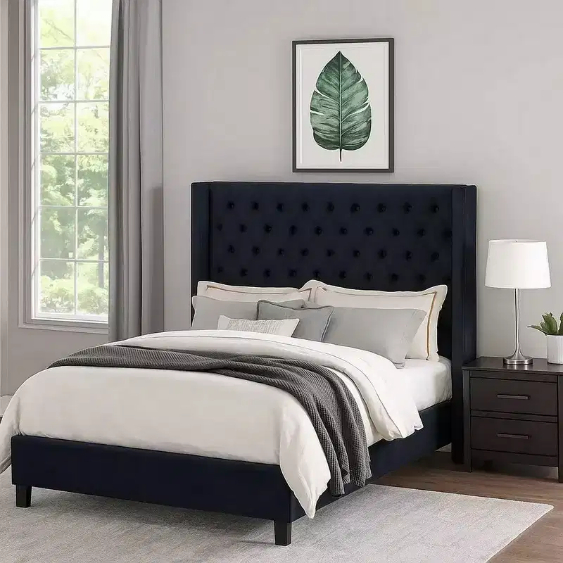 Royal Hampton Queen Size Bed, Wingback Headboard In Black Velvet Like Upholstery