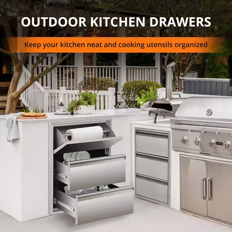 COZONY Stainless Steel Outdoor Kitchen Drawers with Paper Towel Holder, Flush Mount BBQ Access Drawers for Grill Station Patio Storage