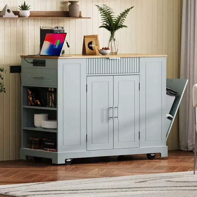 Kitchen Island with Power Outlet & Tilt Trash Can, Rolling Kitchen Cart with Wheels & Racks, Storage Cabinet Dining Table