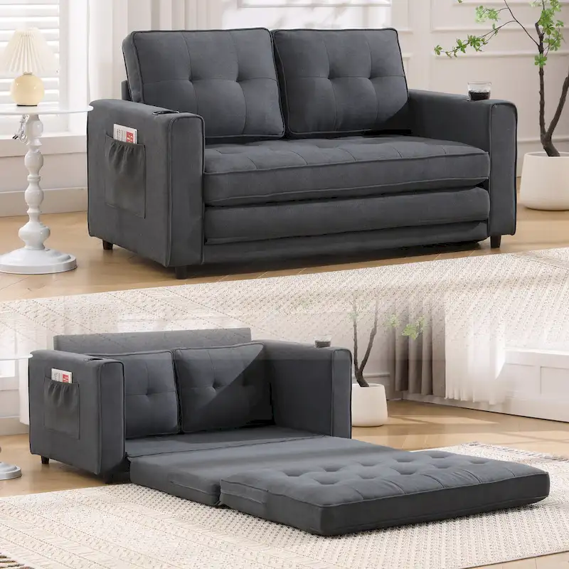 3-in-1 Foldable Tufted Loveseat Sofa Bed – Light Gray / Brown / Dark Gray / Beige, Side Pockets, Seats 2