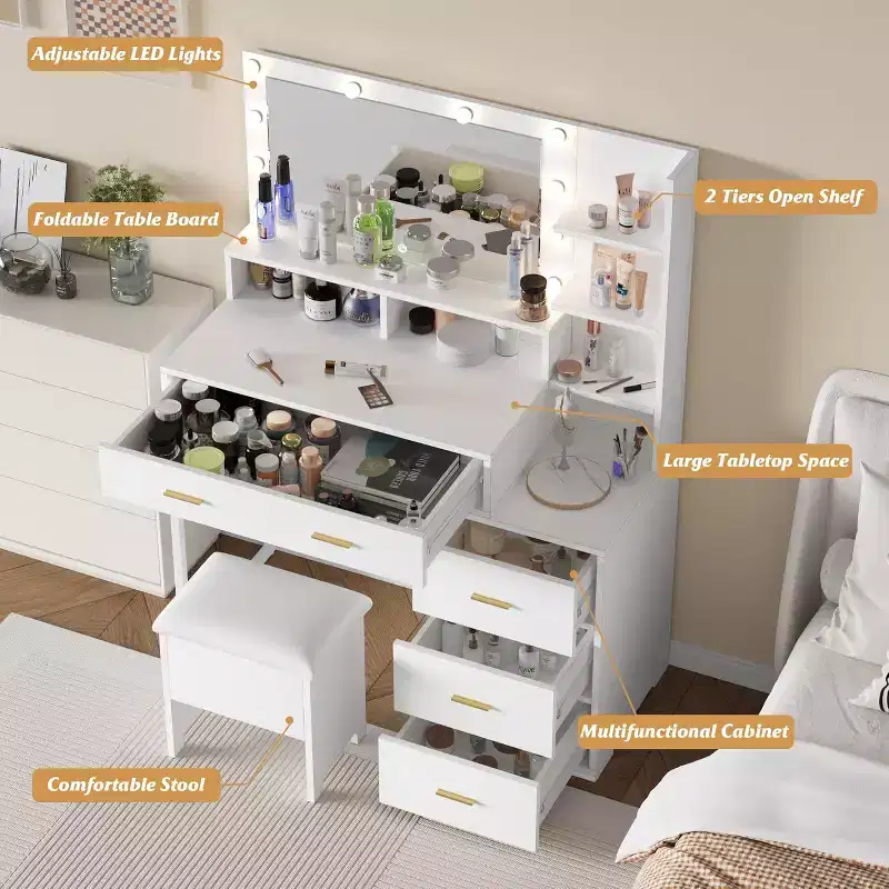 Vanity Desk Table with Chair, Mirror and 3 Modes Adjustable Brightness Lights, Makeup Vanity