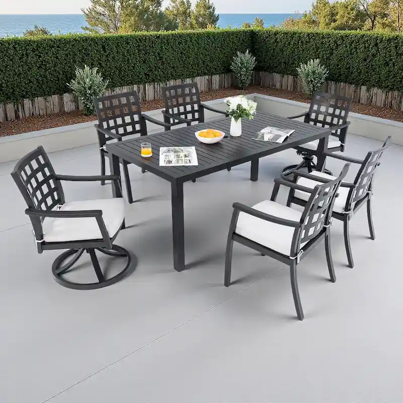 7-Piece Outdoor Patio Aluminum Dining Set with 67 Rectangular Table, 2 Swivel Rocker & 4 Armchairs, and Umbrella Hole