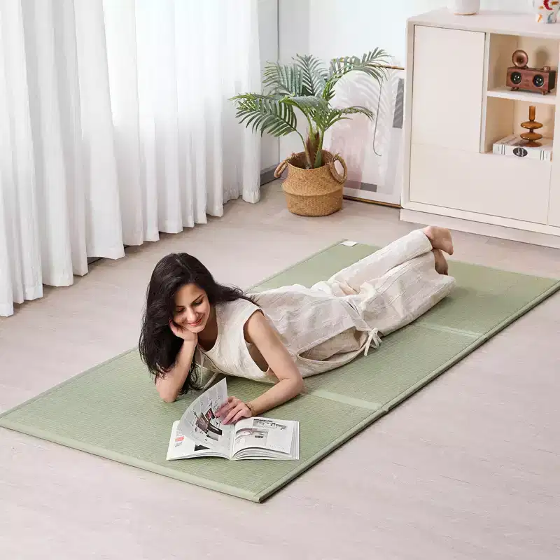 Japanese Tatami Mat, Full Size Foldable Japanese Tatami Mattress( Natural Rush Grass), Japanese Floor Mattress with Non-Slip Backing, Green