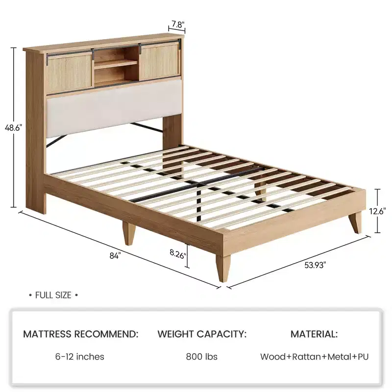 Bed Frame with Shelves, Solid Wood Platform Bed Frame, Natural Rattan Headboard & Sliding Door Storage