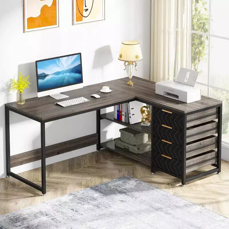 59-Inch L-Shaped Computer Desk with Storage Drawers and Shelves, Reversible Corner Desk for Home Office, Grey
