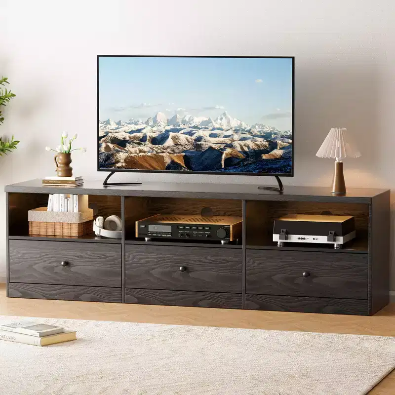 Modern Entertainment Center with Large Open Shelf,Drawer,Cable Hole, Waterproof, Anti-Stain ,Scratch-Resistant TV Media Console Cabinet