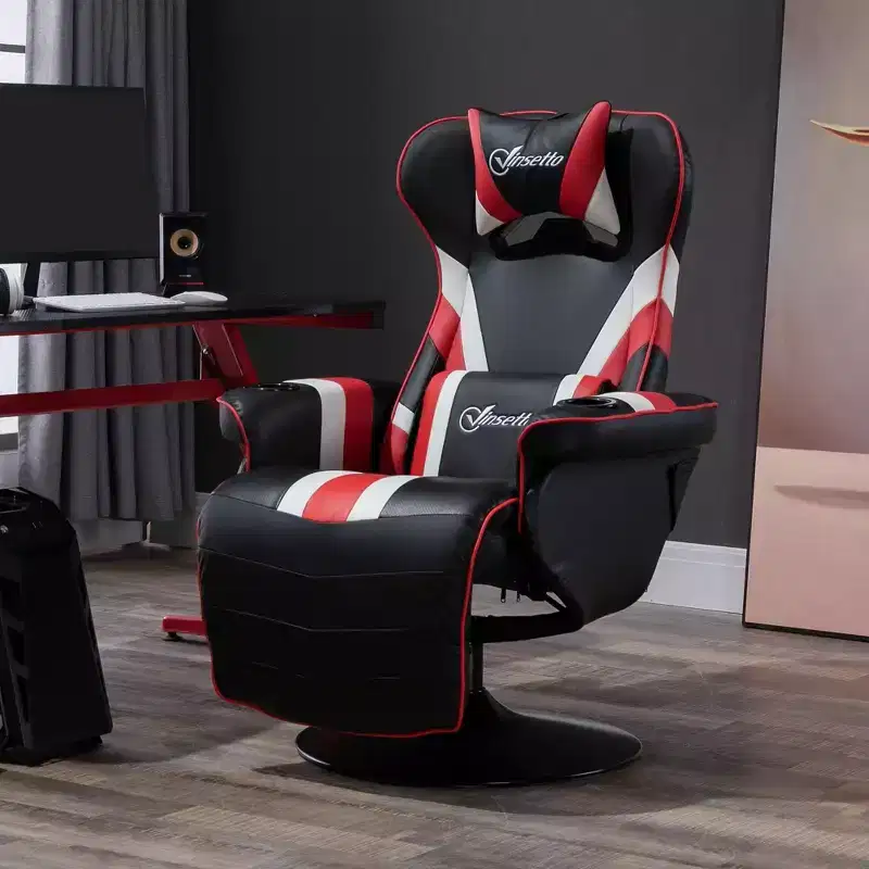 Gaming Chair, Racing Style Computer Recliner with Lumbar Support, Footrest and Cup Holder/White/Red