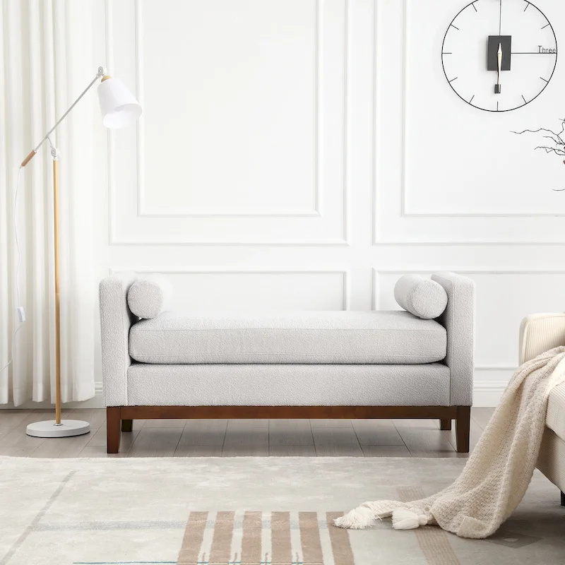 Upholstered Bench Wood Legs and Bolster Pillows