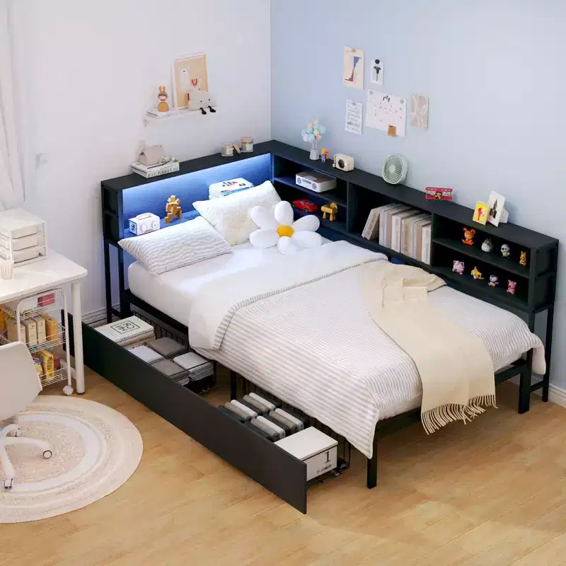 Twin/Full Kids Corner Daybed with Storage Bookcase & LED Light, Modern Platform Bed