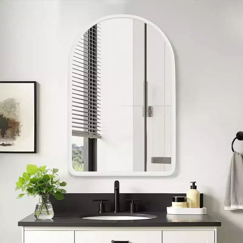 35.8 x 24 Arched White Bathroom Medicine Cabinet with Mirror, Wooden Framed Wall Mounted Recessed Cabinet with 2 Shelves