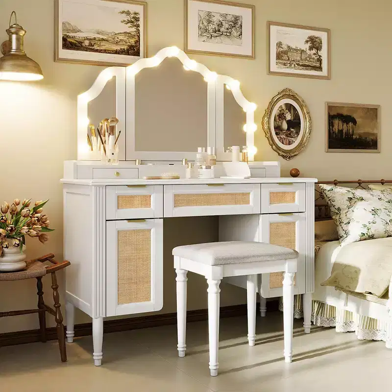 Okak Vanity Desk with 3 Modes Tri-Fold Mirror and Charging Station, Makeup Vanity with Cushioned Stool, Dressing Table for Bedroom, White
