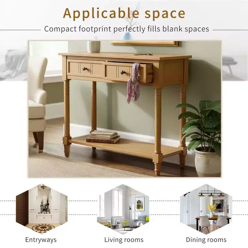 Traditional Entryway Console Table with 2 Drawers and Bottom Shelf, Solid Pine Wood