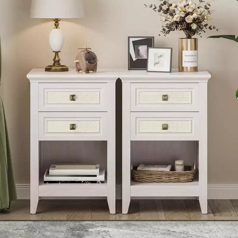 Grayish White Rattan Nightstand Set of 2, 27 Tall Boho Bedside Table with Drawer, Bedroom End Table, Small Space Storage