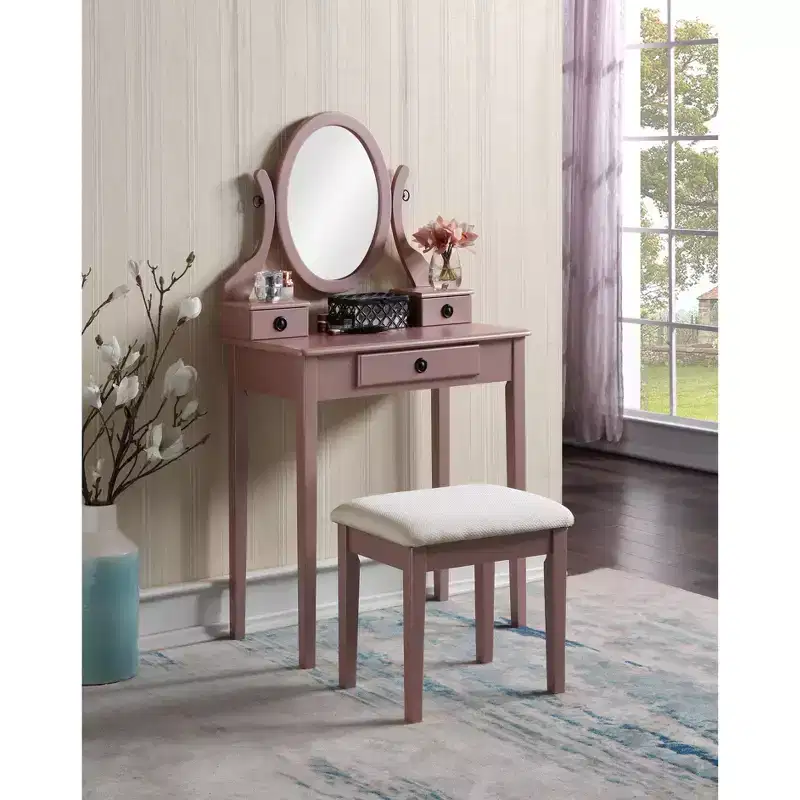 Contemporary Makeup Vanity Desk with Mirror, 3 Drawers, Matching Stool for Bedroom, Rose Gold Finish, Space-Saving Design